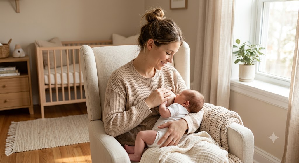 Mother breastfeeding newborn during cluster feeding"